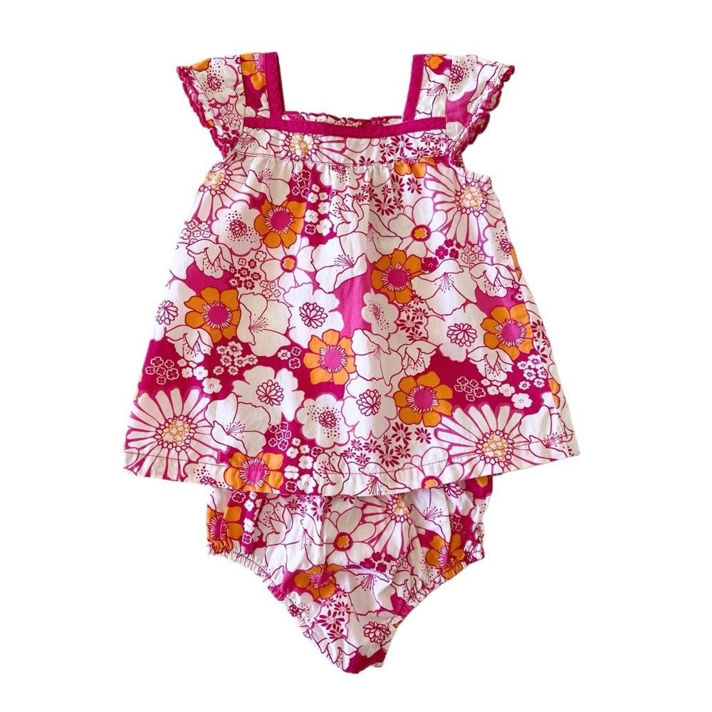 Faded Glory Pink Orange White Floral Baby Dress & Bloomer SET | Girl 3 Months